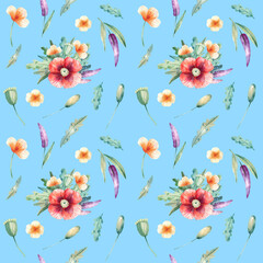 Seamless watercolor pattern with wildflowers and poppies for fabric and design