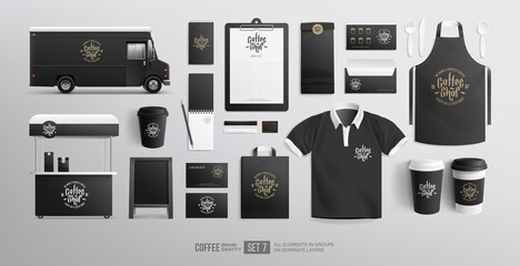 Coffee brand identity with logo concept on package Mockup set. Realistic MockUp set of delivery food truck, uniform, paper cup, food package, shopping bag. Fast food and beverage package design