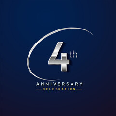 Obraz premium 4th anniversary logotype silver color with swoosh or ring, isolated on blue background for anniversary celebration event.