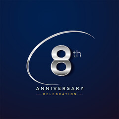 8th anniversary logotype silver color with swoosh or ring, isolated on blue background for anniversary celebration event.