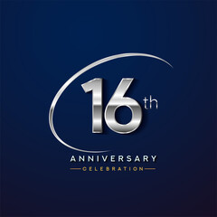 16th anniversary logotype silver color with swoosh or ring, isolated on blue background for anniversary celebration event.