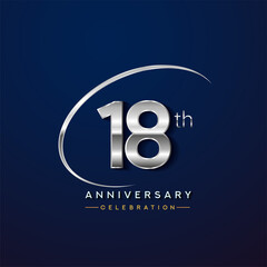 18th anniversary logotype silver color with swoosh or ring, isolated on blue background for anniversary celebration event.