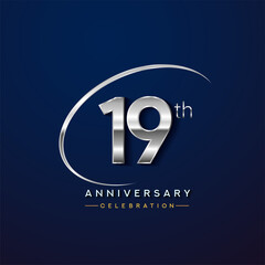 19th anniversary logotype silver color with swoosh or ring, isolated on blue background for anniversary celebration event.