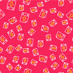 Line Calendar death icon isolated seamless pattern on red background. Vector