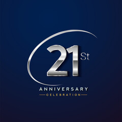 21st anniversary logotype silver color with swoosh or ring, isolated on blue background for anniversary celebration event.