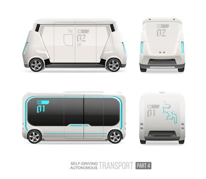 Concept of futuristic Self driving mini bus Driverless Autonomous van vector template. Electric shuttle bus mockup. Autonomous passenger transport vehicle side and front view. Future autonomous bus