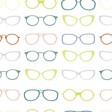 Colorful glasses frame seamless pattern background. Great for eyewear themed fabric, wallpaper, packaging.

