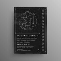 Retrofuturistic poster with HUD elements. Black and white poster design in cyberpunk style with wireframe liquid distorted planet. Cover design template for music events. Vector