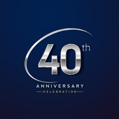 40th anniversary logotype silver color with swoosh or ring, isolated on blue background for anniversary celebration event.