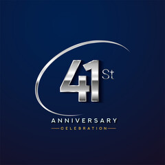 41st anniversary logotype silver color with swoosh or ring, isolated on blue background for anniversary celebration event.