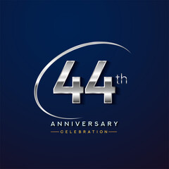 44th anniversary logotype silver color with swoosh or ring, isolated on blue background for anniversary celebration event.