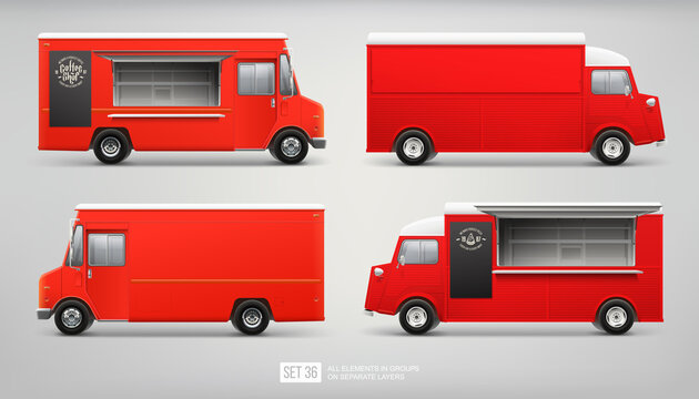 Set of red food truck vector template. Realistic Delivery Service Vehicle for branding mockup