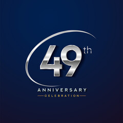 49th anniversary logotype silver color with swoosh or ring, isolated on blue background for anniversary celebration event.
