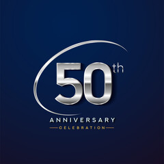 50th anniversary logotype silver color with swoosh or ring, isolated on blue background for anniversary celebration event.