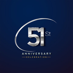 51st anniversary logotype silver color with swoosh or ring, isolated on blue background for anniversary celebration event.