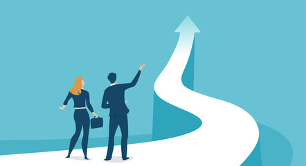 The leader shows the employee the possibility of successful career growth. Business vector illustration - obrazy, fototapety, plakaty