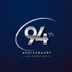 94th anniversary logotype silver color with swoosh or ring, isolated on blue background for anniversary celebration event.