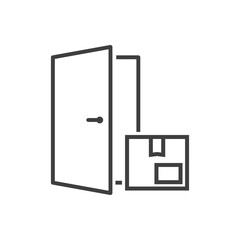 Entrega a la puerta. Icono paquete en puerta abierta con lineas en color gris