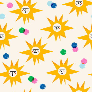Abstract Suns with comic Faces. Colorful characters, spots, dots. Cartoon style. Flat design. Hand drawn trendy Vector illustration. Square seamless pattern. Background, wallapper