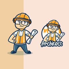 Architect with holding design drawing mascot logo illustration