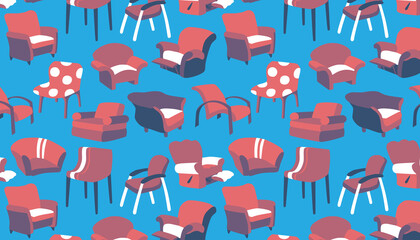 Red chair pattern on blue background. 