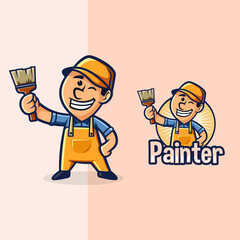 Man with holding paint brush mascot logo illustration