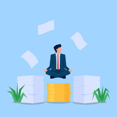 Businessman meditating above money and work paper