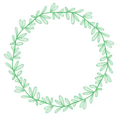 Green circular wreath of leaves, vector illustration. Simple minimalistic botanical frame. Deciduous outline for cards and greetings.