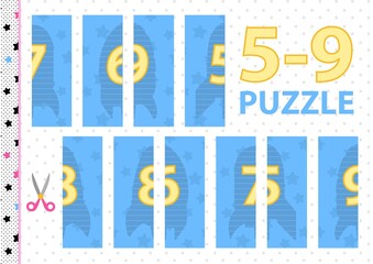 Visual math puzzle for cutting. Match the pairs of halves of numbers 5-9. Printable 14 horizontal album worksheet. Vector. Funny cartoon silhouettes of rockets.