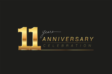 11th years anniversary celebration logotype. Anniversary logo with golden and silver color isolated on black background, vector design for celebration, invitation card, and greeting card.