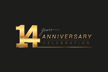 14th years anniversary celebration logotype. Anniversary logo with golden and silver color isolated on black background, vector design for celebration, invitation card, and greeting card.
