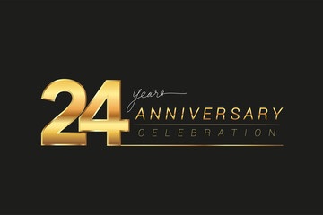 24th years anniversary celebration logotype. Anniversary logo with golden and silver color isolated on black background, vector design for celebration, invitation card, and greeting card.