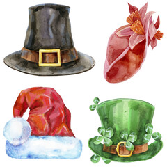 Set of watercolor illustrations of hats on white background - obrazy, fototapety, plakaty