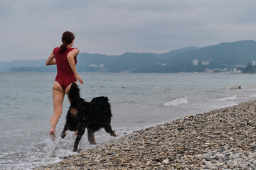 Happy owner of Bernese Mountain Dog on vacation on beach. Caucasian cute red haired woman in swimsuit runs around sea with her friend big dog and spray flies in different directions.