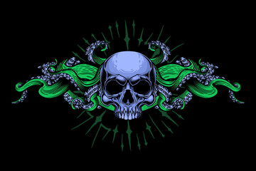 Evil skull with tentacles design. Vector illustration of human skull with octopus tentacles in engraving technique isolated on black.