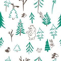 A set of simple children's trees with bears and birds.. Seamless background. Vector illustration