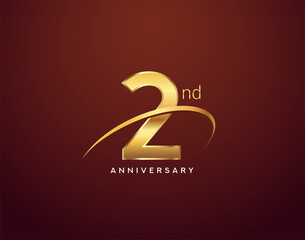 2nd anniversary logotype golden color with swoosh, isolated on elegant background for anniversary celebration event.