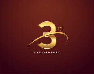 3rd anniversary logotype golden color with swoosh, isolated on elegant background for anniversary celebration event.