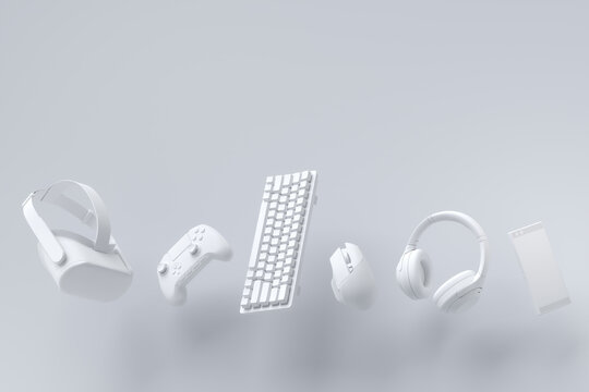 Flying gamer gears like mouse, keyboard, joystick, headset, VR on white