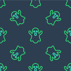 Line Ghost icon isolated seamless pattern on blue background. Happy Halloween party. Vector