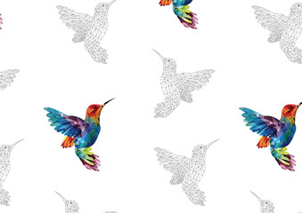 Kleurrijke kolibries in Mozaïekstijl op witte achtergrond. kolibries en monotoon (zwart-witte kleur) Achtergrondpatroon