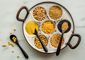 Variety of protein rich grains and legumes for a vegan diet. Millet, lentils, chickpeas, peas, soy, and oats. Top View.