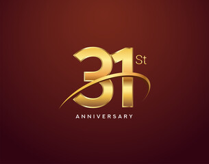 31st anniversary logotype golden color with swoosh, isolated on elegant background for anniversary celebration event.