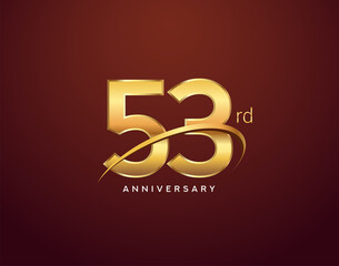 53rd anniversary logotype golden color with swoosh, isolated on elegant background for anniversary celebration event.