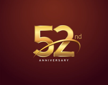 52nd anniversary logotype golden color with swoosh, isolated on elegant background for anniversary celebration event.