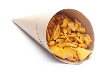 Close up of plane salty Gujrati Mixture Indian namkeen (snacks) In handmade ( handcraft ) brown paper cone bag