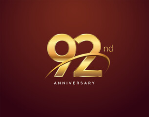92nd anniversary logotype golden color with swoosh, isolated on elegant background for anniversary celebration event.