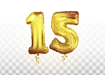 celebration fifteen years birthday. Anniversary number 15 foil gold balloon. Happy birthday, congratulations poster. Vector background