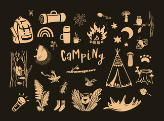 Camping hand drawn cute vector elements against the dark background