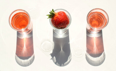 strawberry compote tincture with ice in glass glasses with strawberries and ice cubes